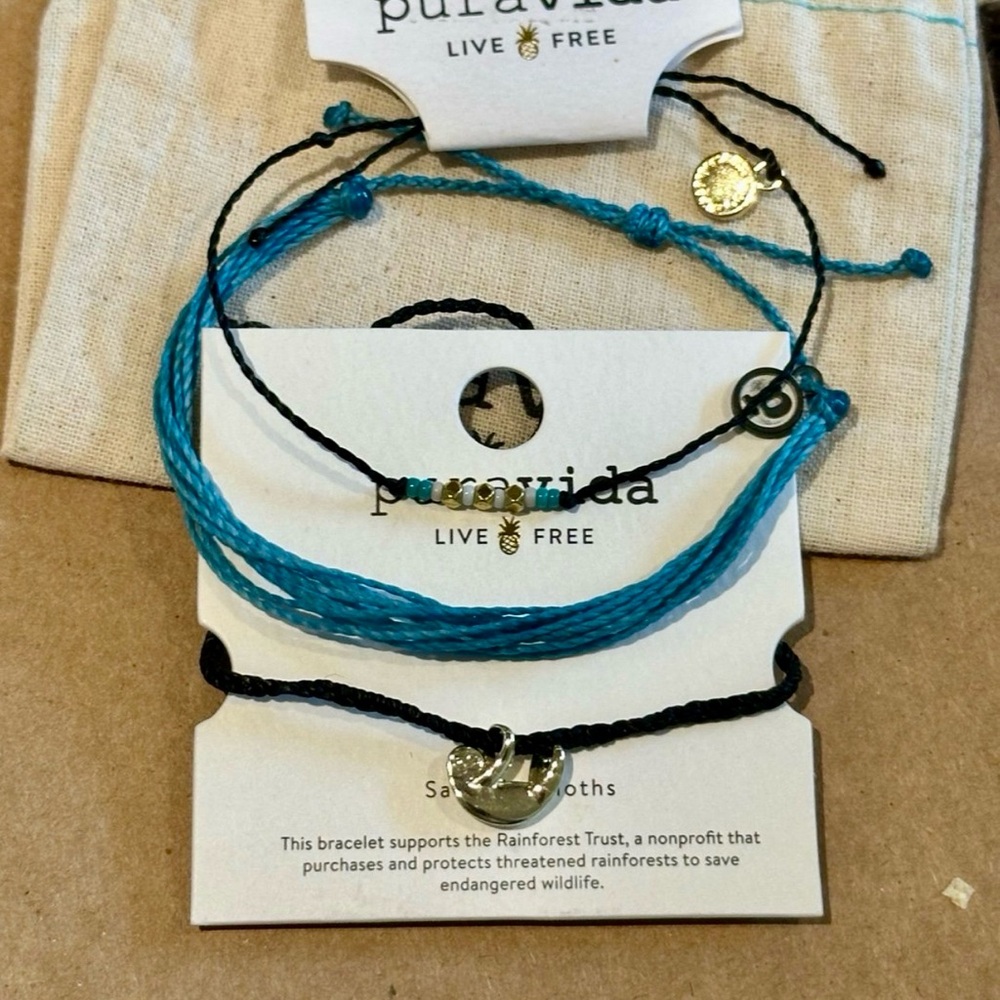 PURA VIDA Sloth Charm Black & Turquoise Custom Bracelet Set NEW